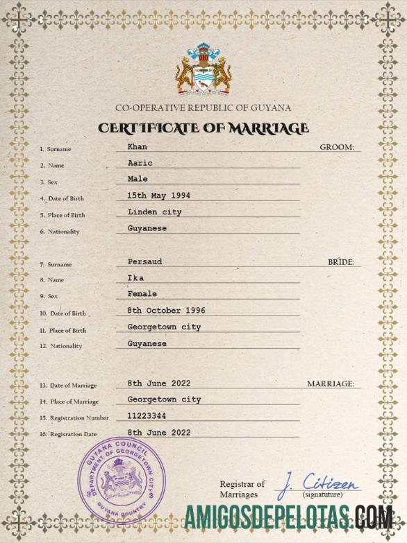 Imprimível modelo PSD de certidão de casamento da Guiana